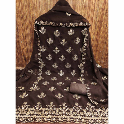 Brown Floral Sequins Embroidered Georgette Dress Material