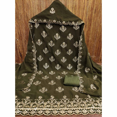 Mehendi Green Floral Sequins Embroidered Georgette Dress Material