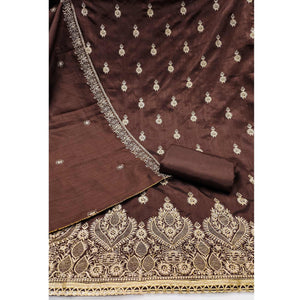 Brown Floral Embroidered Cotton Blend Dress Material