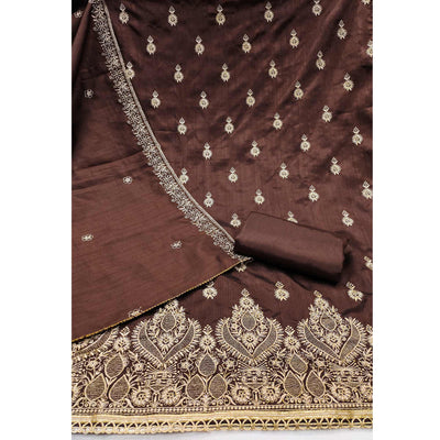 Brown Floral Embroidered Cotton Blend Dress Material