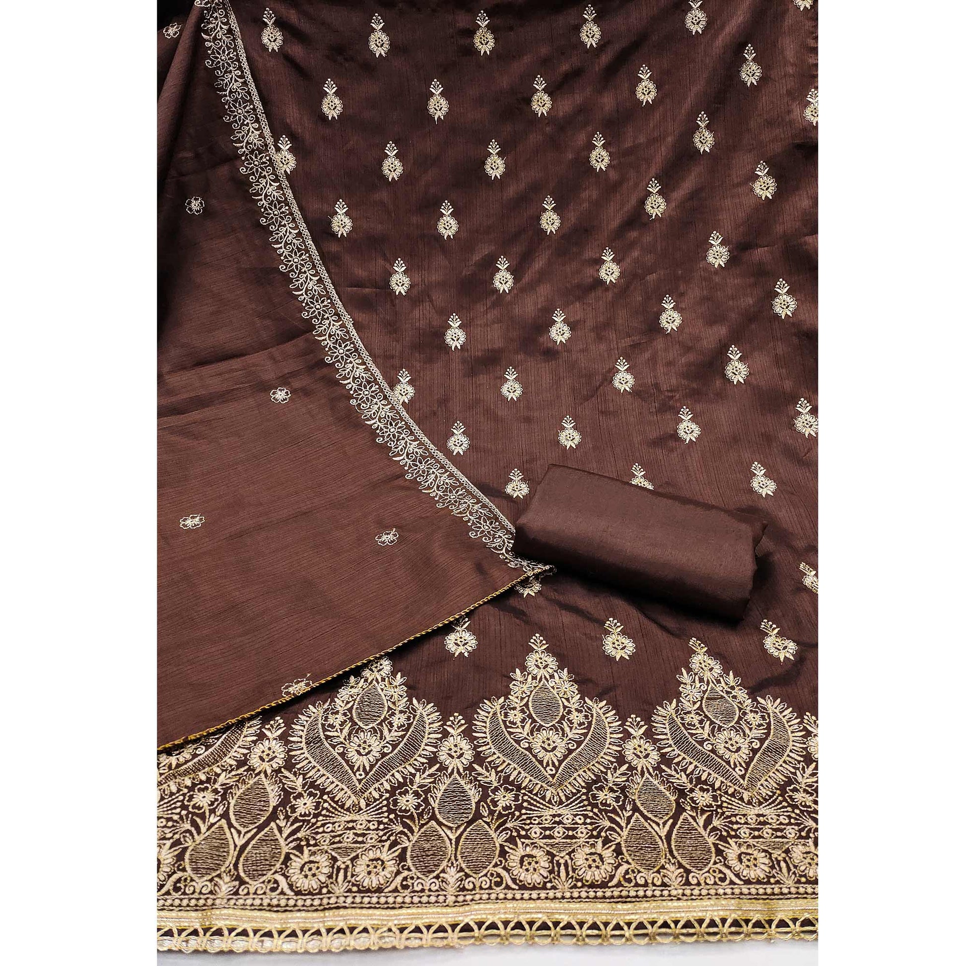 Brown Floral Embroidered Cotton Blend Dress Material