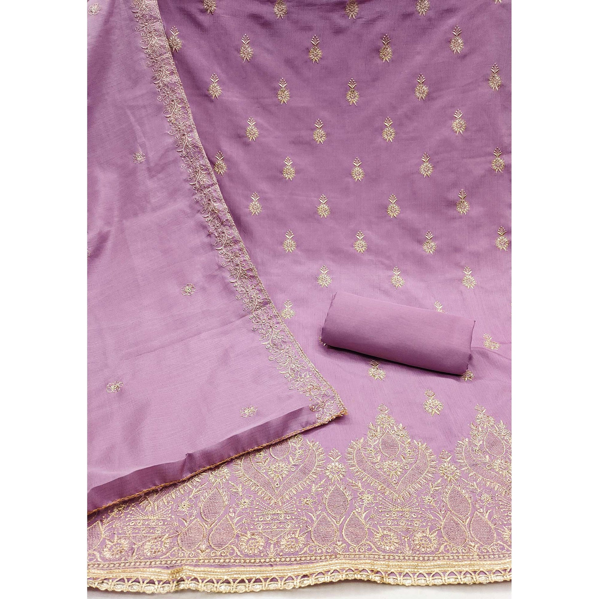 Lavender Floral Embroidered Cotton Blend Dress Material