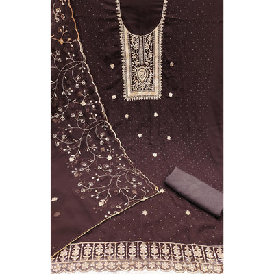 Brown Floral Embroidery With Stonework Georgette Dress Material
