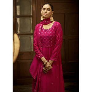 Dark Pink Floral Sequins Embroidered Georgette Semi Stitched Anarkali Suit
