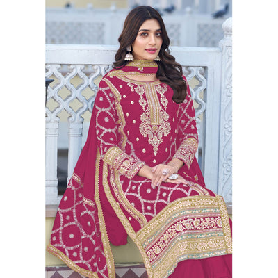 Dark Pink Floral Embroidered Chinon Silk Semi Stitched Suit