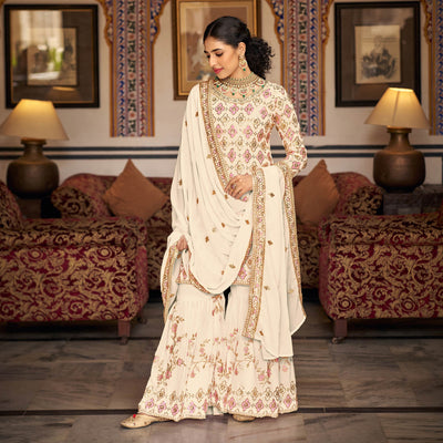 Cream Sequins Embroidered Georgette Semi Stitched Suit