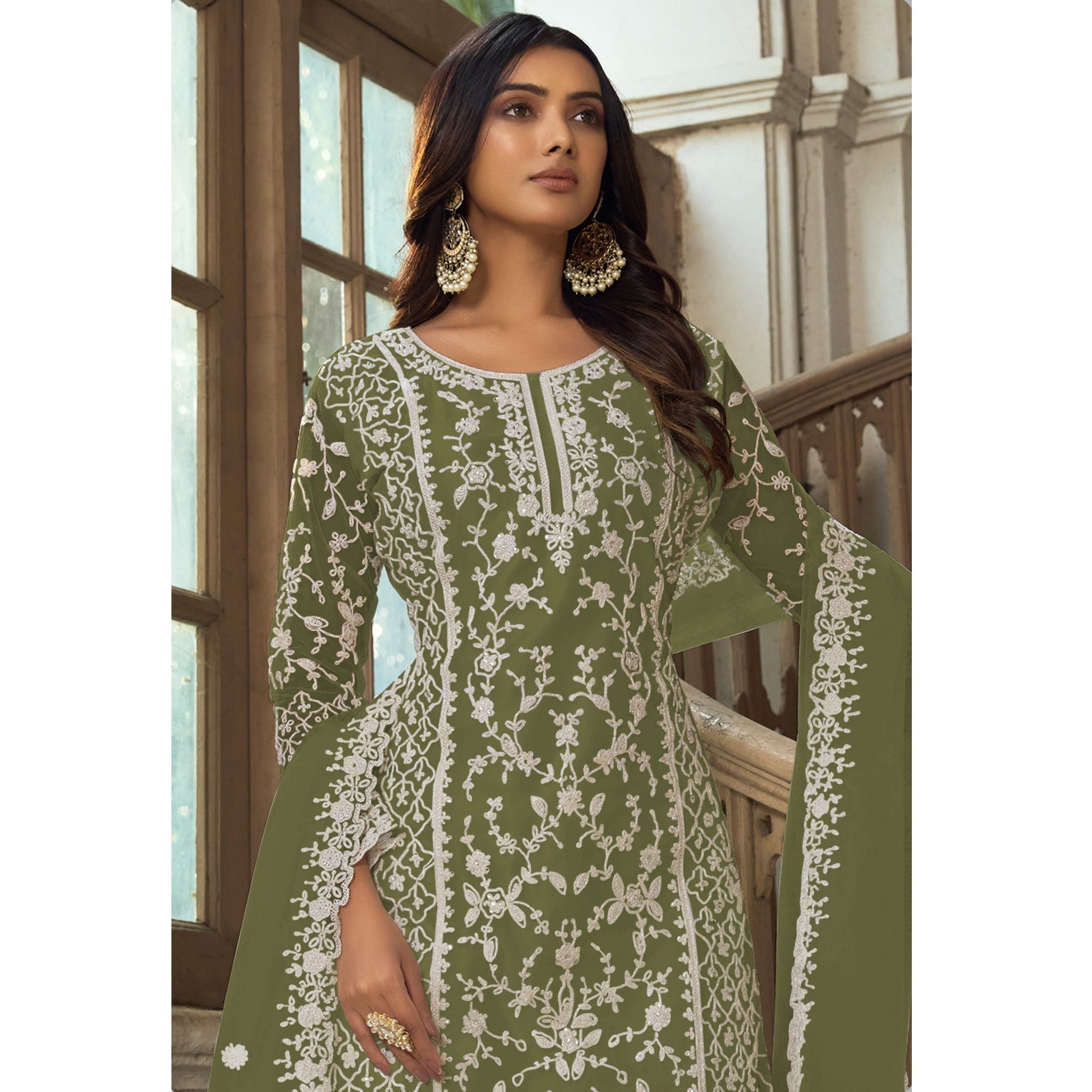 green-floral-embroidered-net-semi-stitched-suit-2