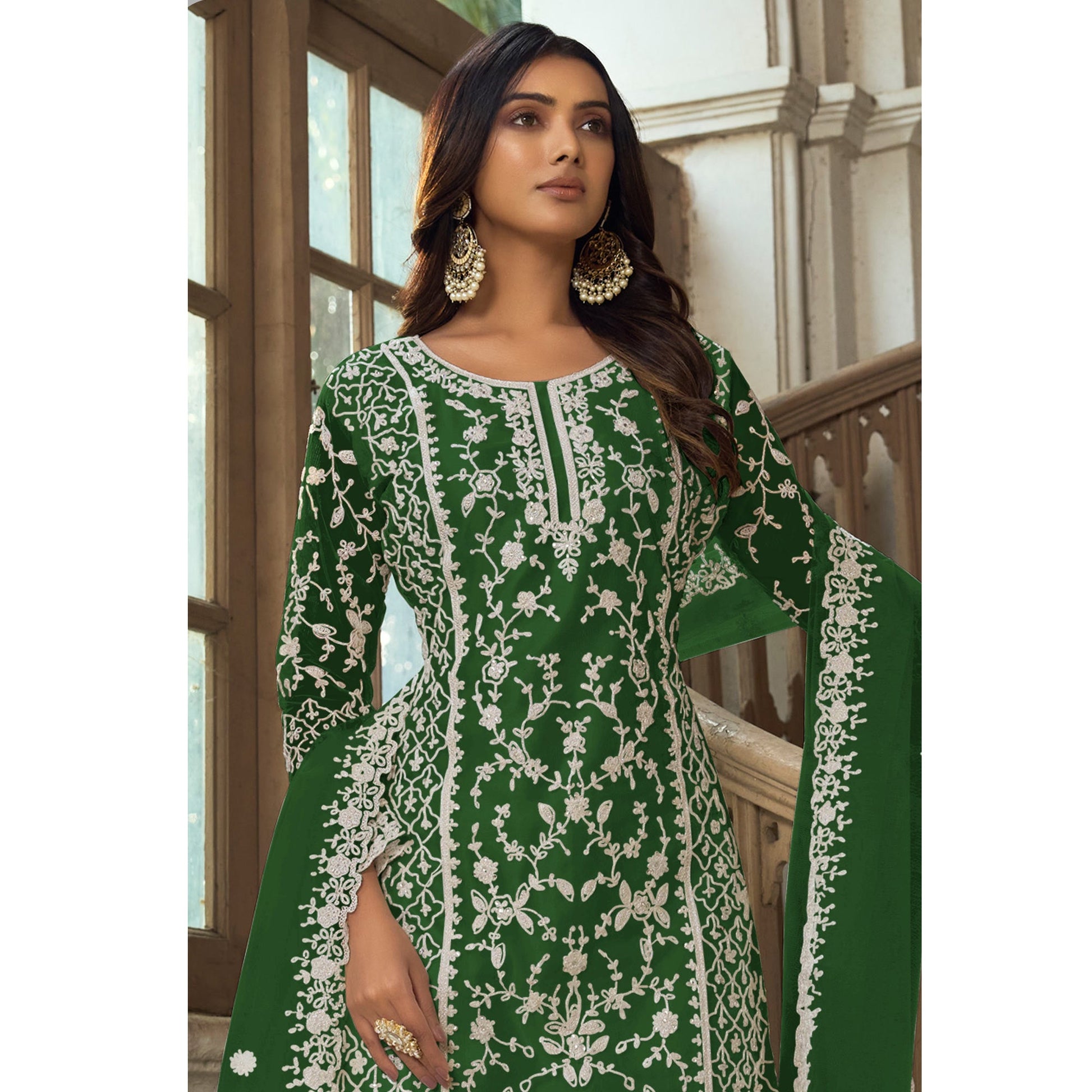 green-floral-embroidered-net-semi-stitched-suit-3