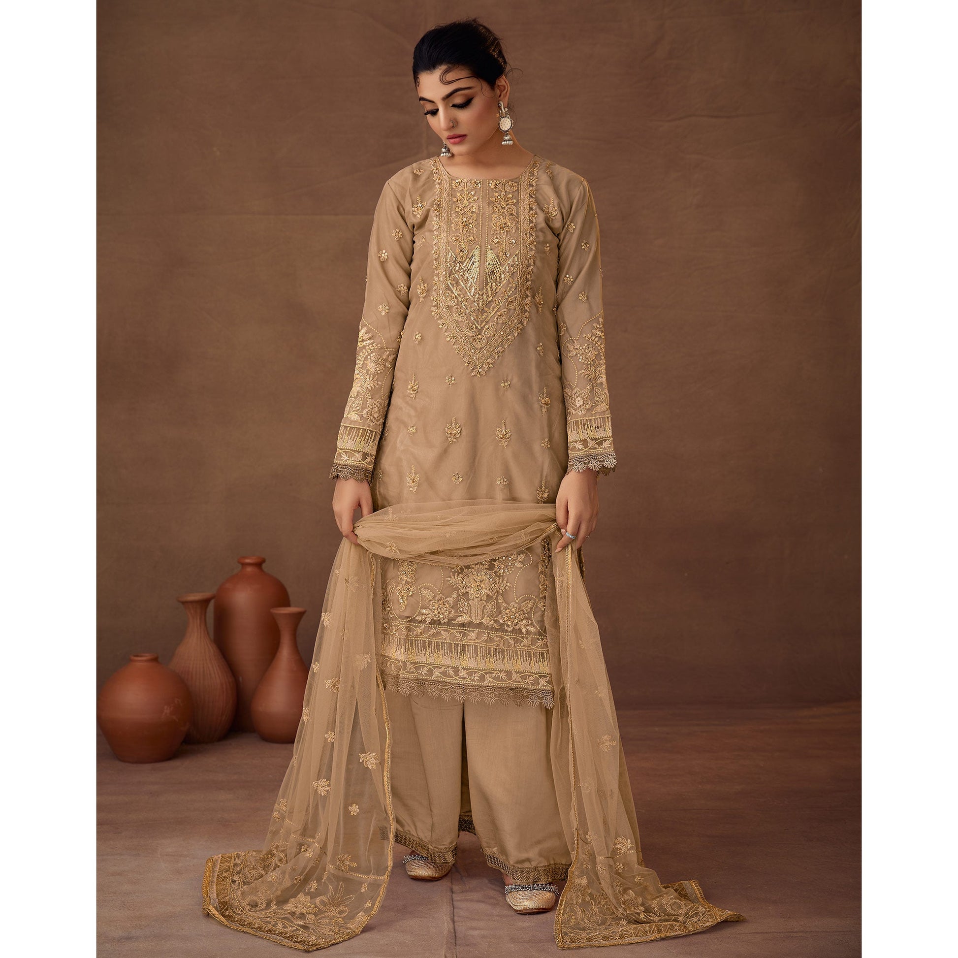 Chikoo Floral Embroidered Organza Semi Stitched Pakistani Suit