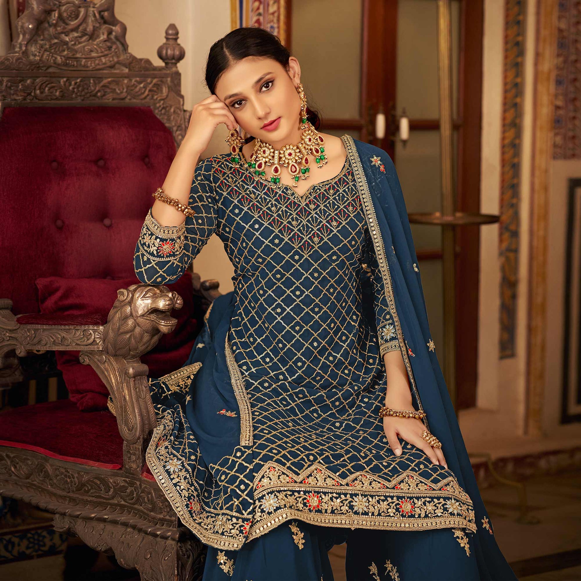 Morpich Sequins Embroidered Chinon Semi Stitched Suit