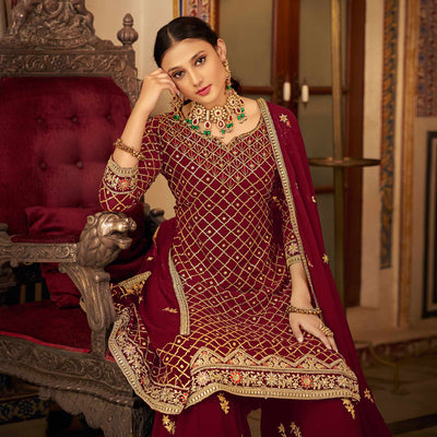 Maroon Sequins Embroidered Chinon Semi Stitched Suit