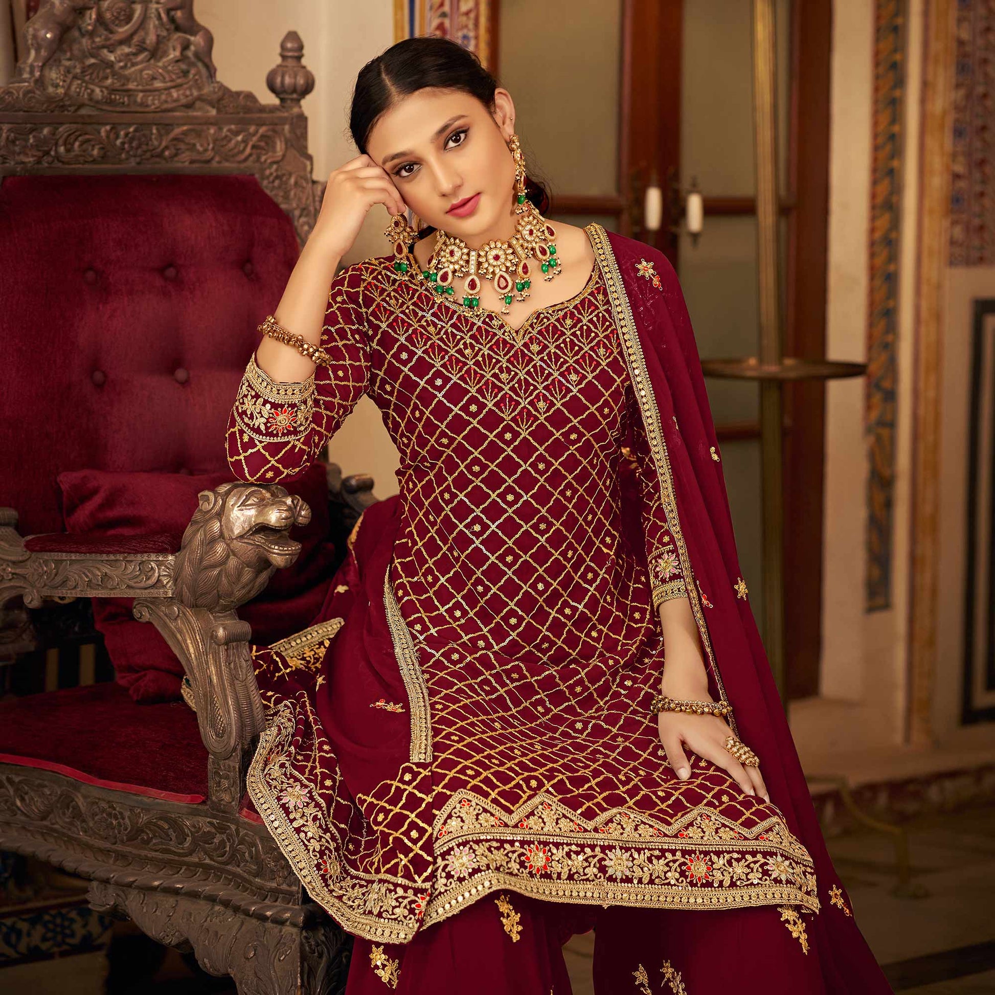 Maroon Sequins Embroidered Chinon Semi Stitched Suit