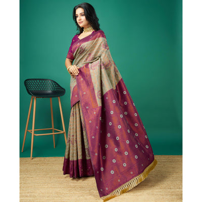 Light Copper & Grey Zari Woven Banarasi Silk Saree With Tassels