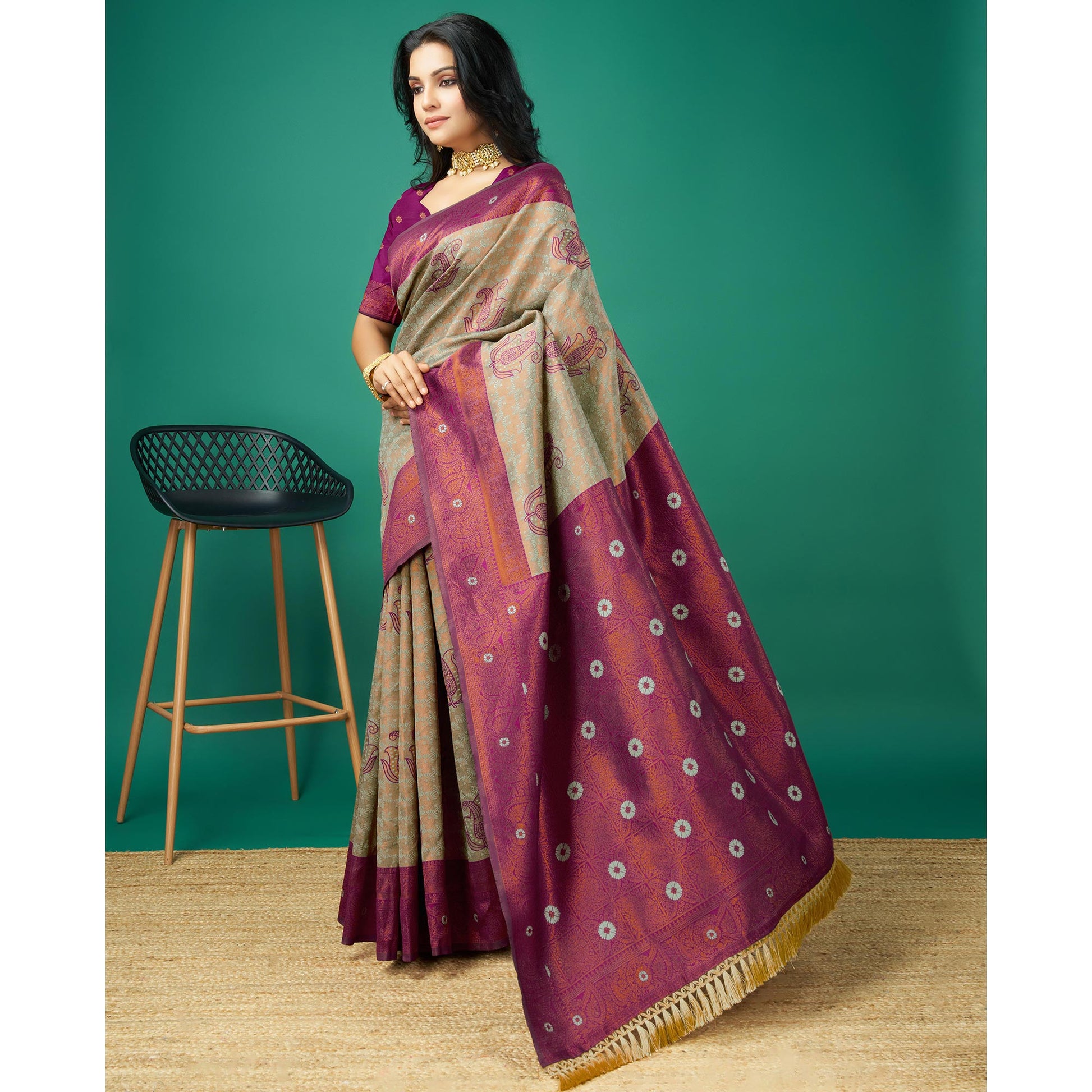 Light Copper & Grey Zari Woven Banarasi Silk Saree With Tassels
