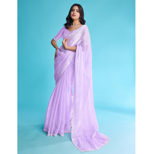 Lavender Solid With Zarkan & Ceramic Pearl Diamond Lace Tissue Saree