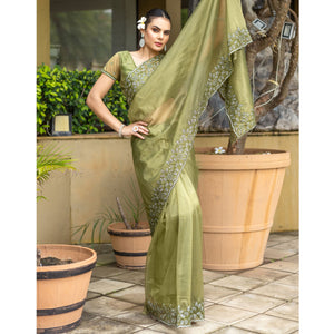 Mehendi Green Floral Sequins Embroidered Twill Net Saree