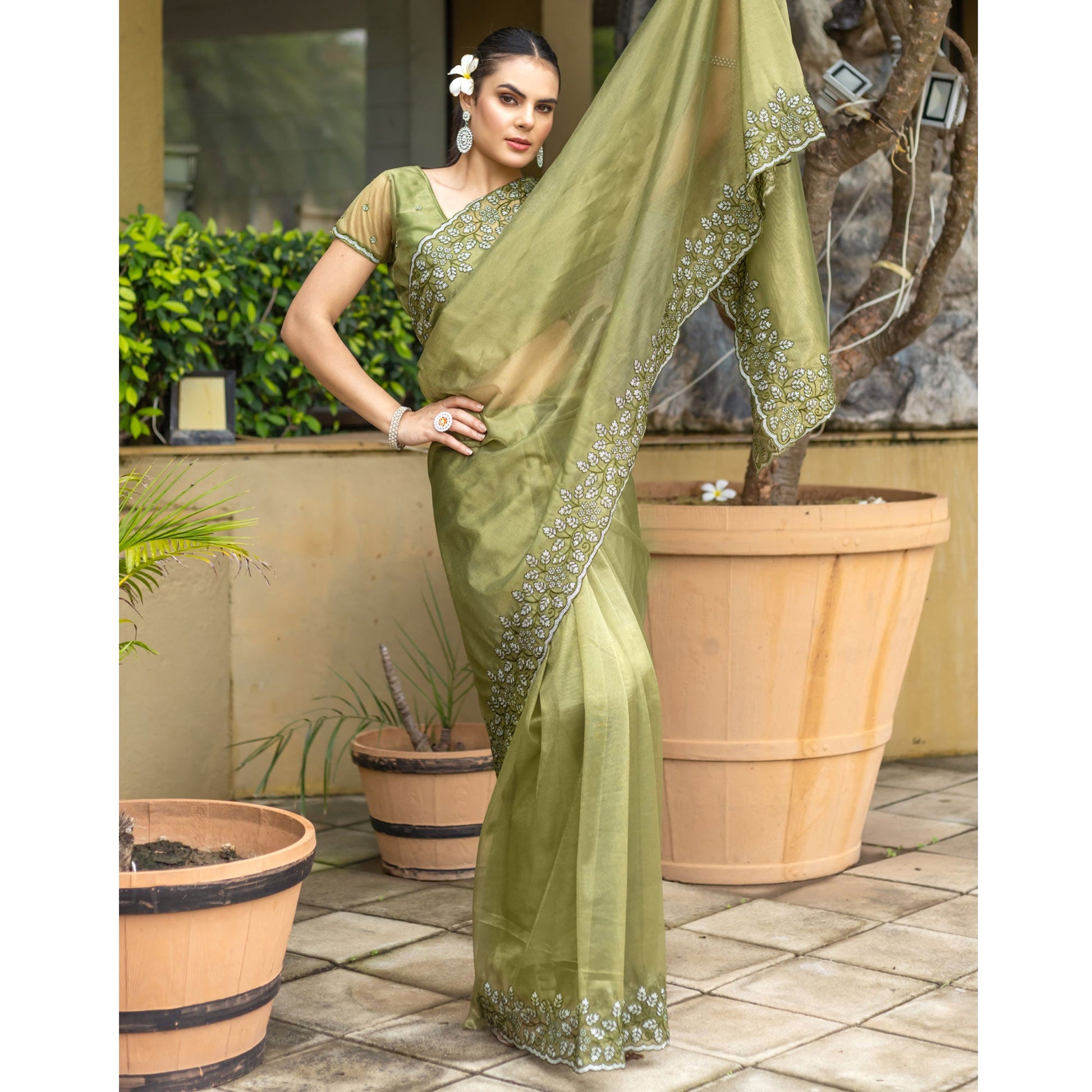 Mehendi Green Floral Sequins Embroidered Twill Net Saree