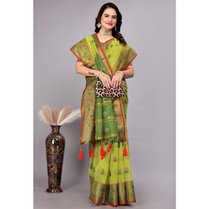 Lime Green Floral Woven Cotton Silk Saree With Tassels