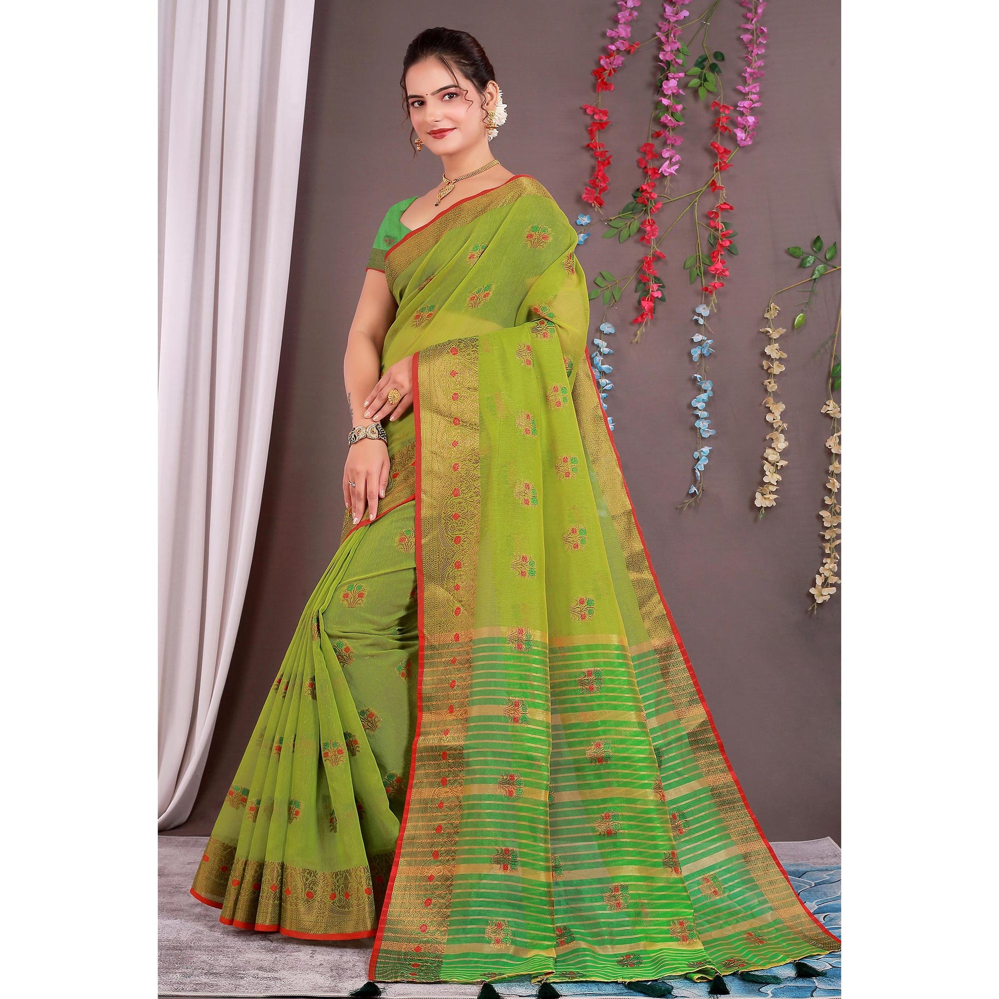 orange-floral-woven-cotton-silk-saree-with-tassels-6