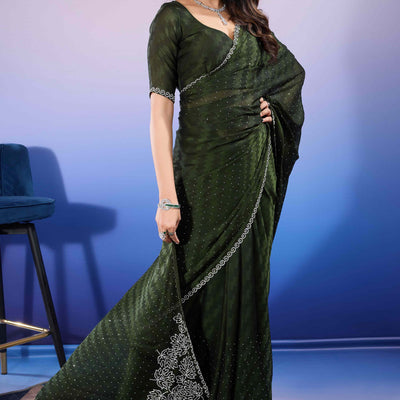 Bottle Green Diamond Zarkan Handwork Satin Chiffon Saree