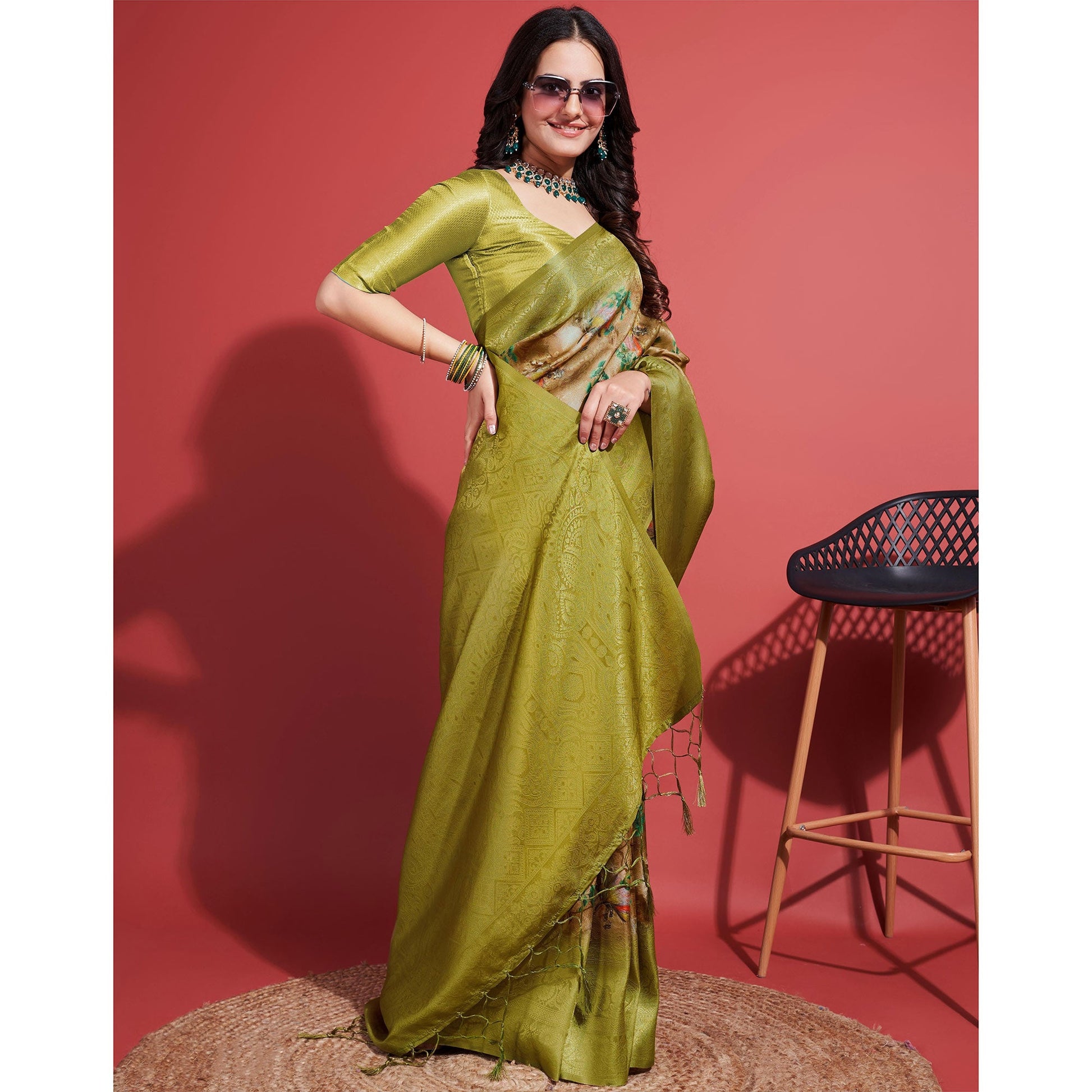 green-floral-digital-printed-banarasi-silk-saree-with-tassels