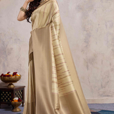 Chikoo Woven With Digital Printed Banarasi Silk Saree