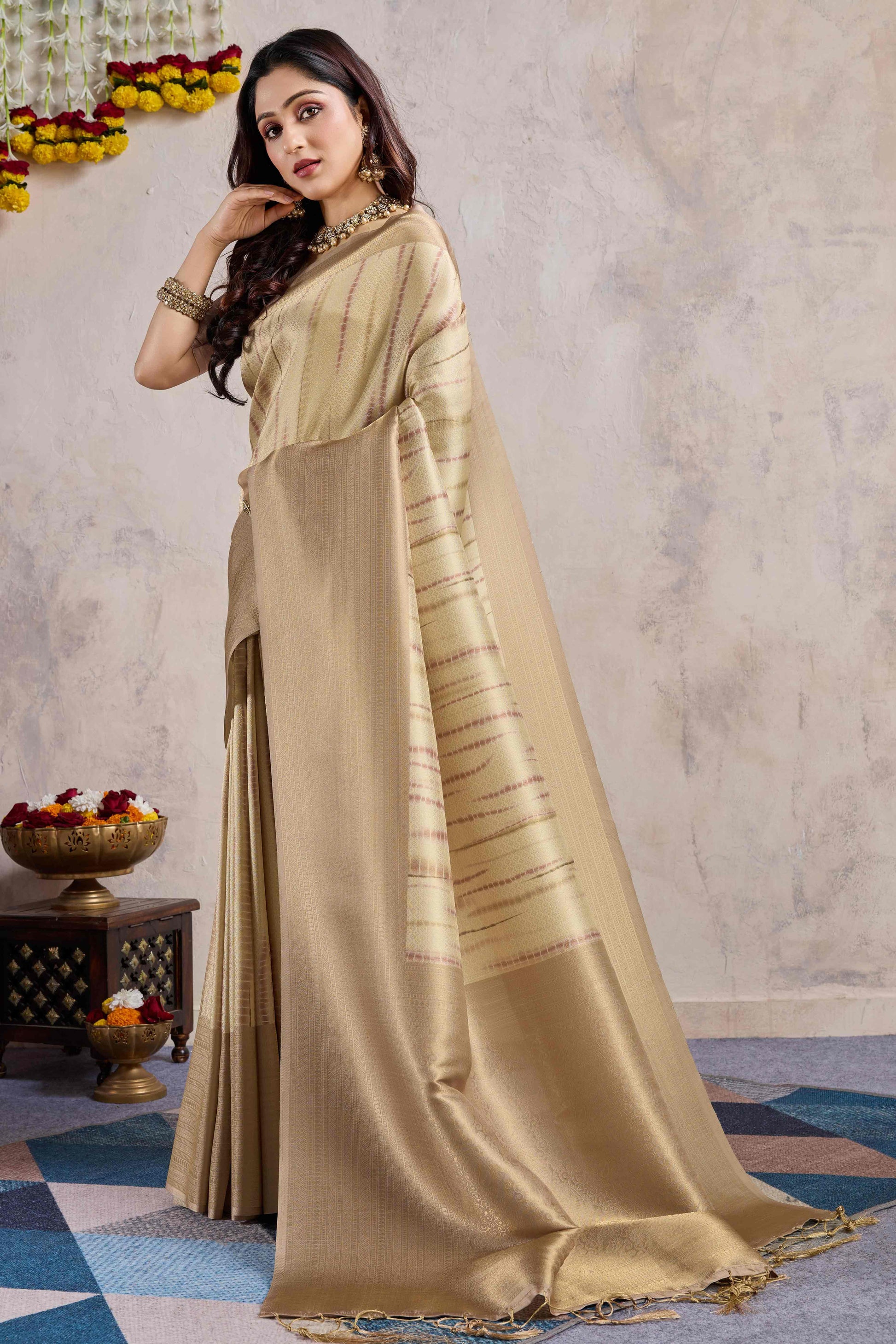 Chikoo Woven With Digital Printed Banarasi Silk Saree
