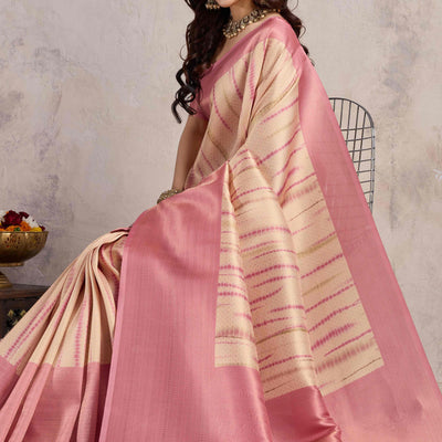 Gajari Pink Woven With Digital Printed Banarasi Silk Saree