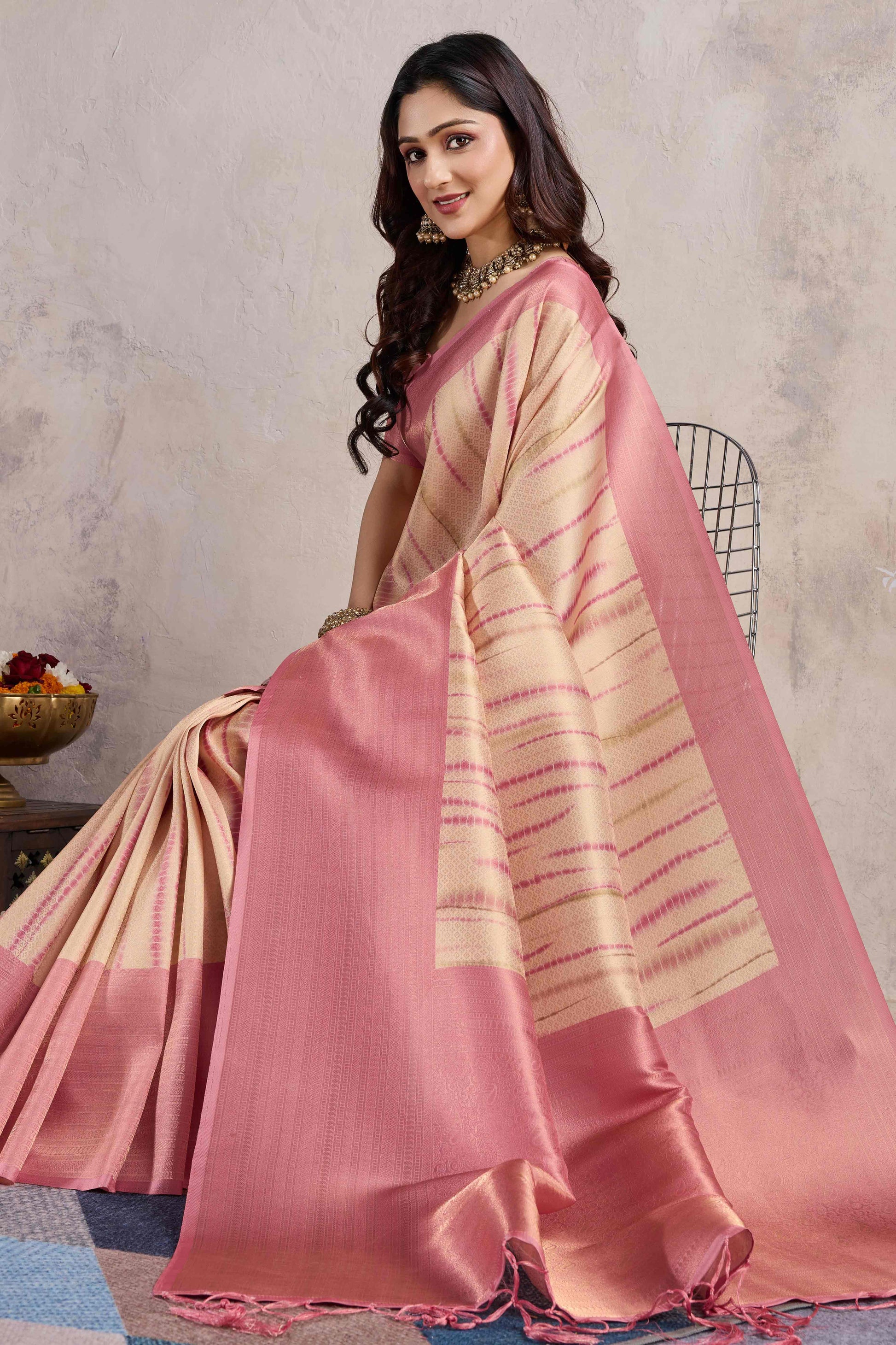 Gajari Pink Woven With Digital Printed Banarasi Silk Saree