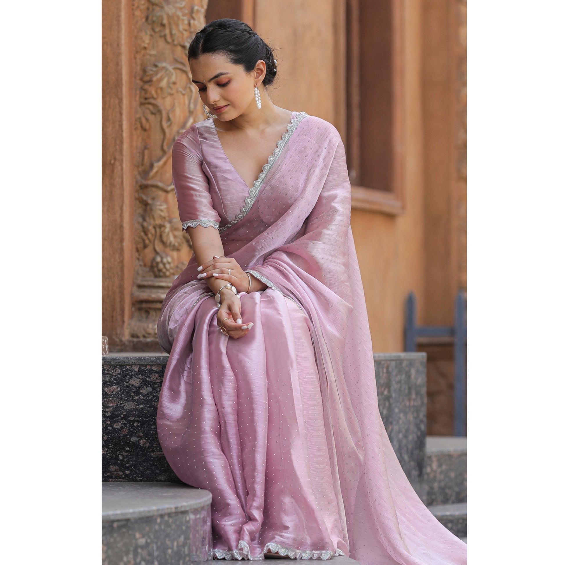 Lavender Stonework Tussar Silk Saree