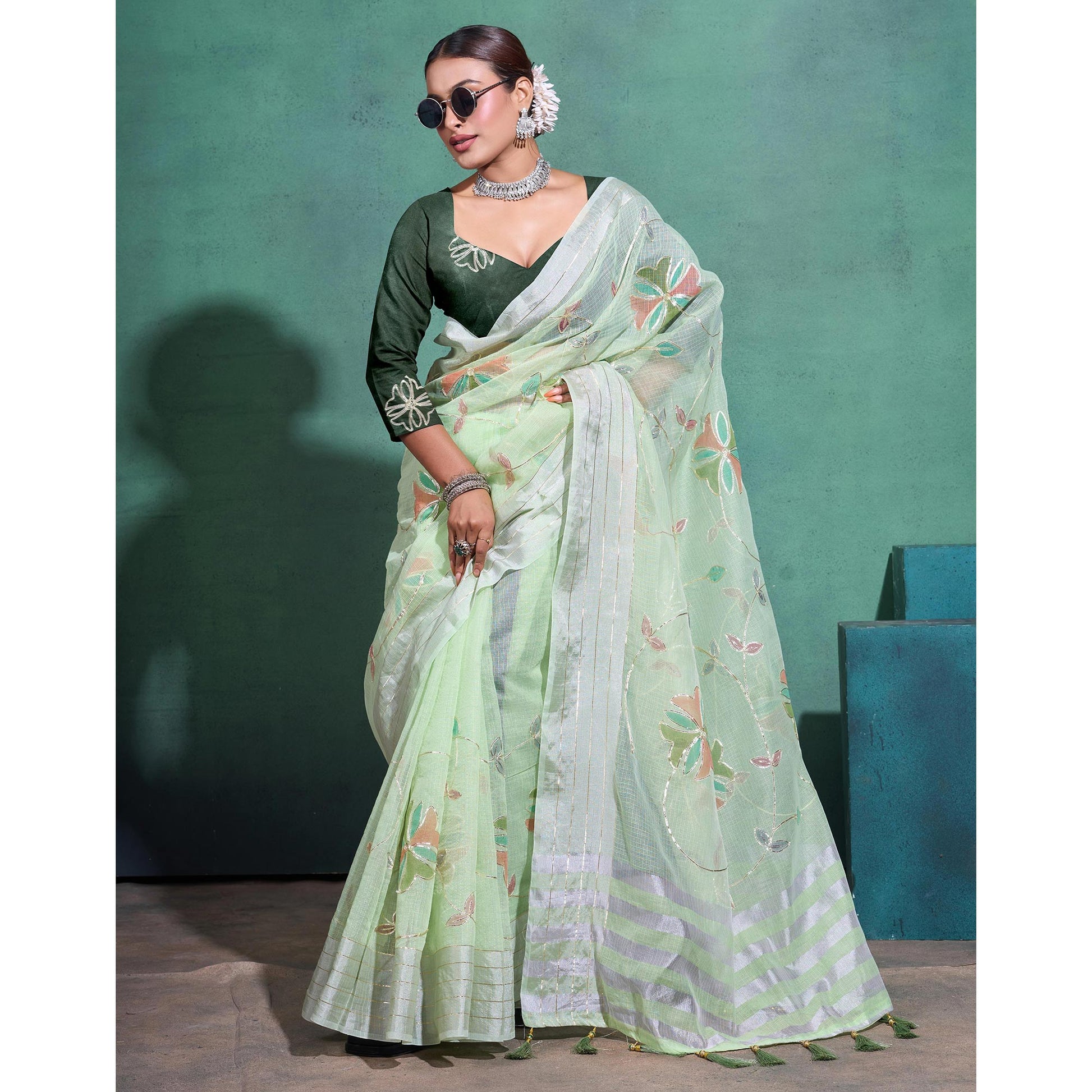 green-gota-patti-embroidered-linen-saree-with-tassels