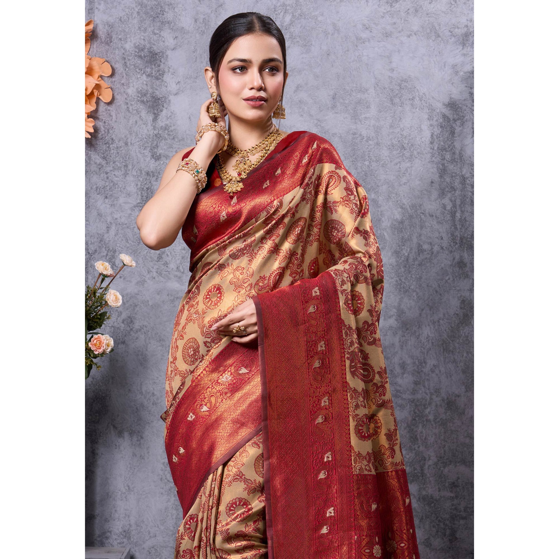 Cream Woven Kanjivaram Silk Saree
