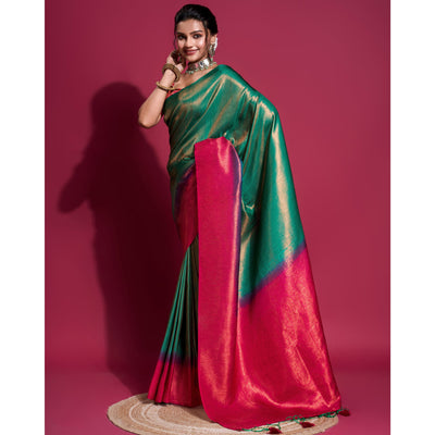 green-pink-woven-kanjivaram-silk-saree-with-tassels