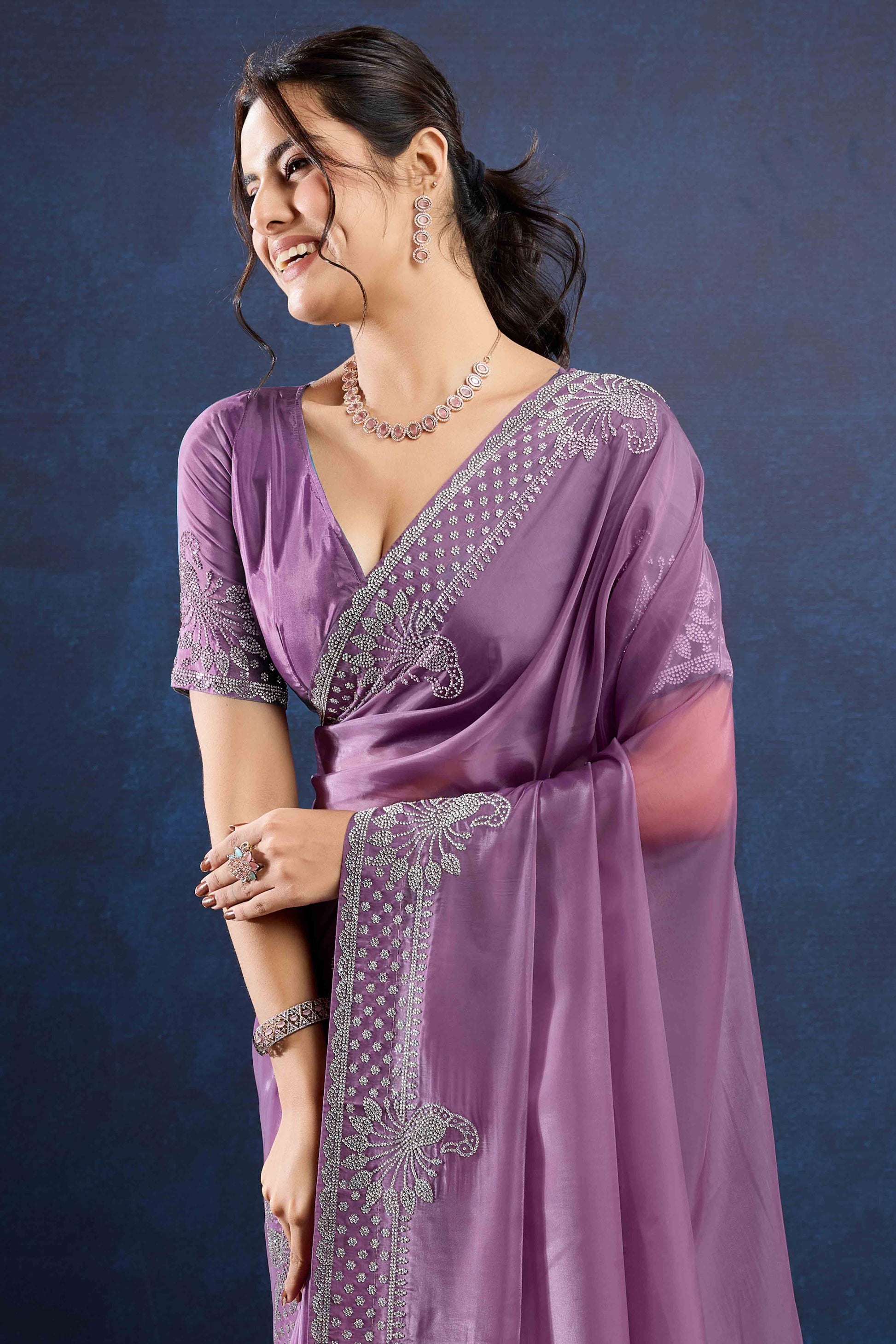 Lavender Zarkan Diamond Work Tissue Silk Saree