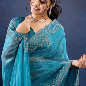 Blue Zarkan Diamond Work Tissue Silk Saree