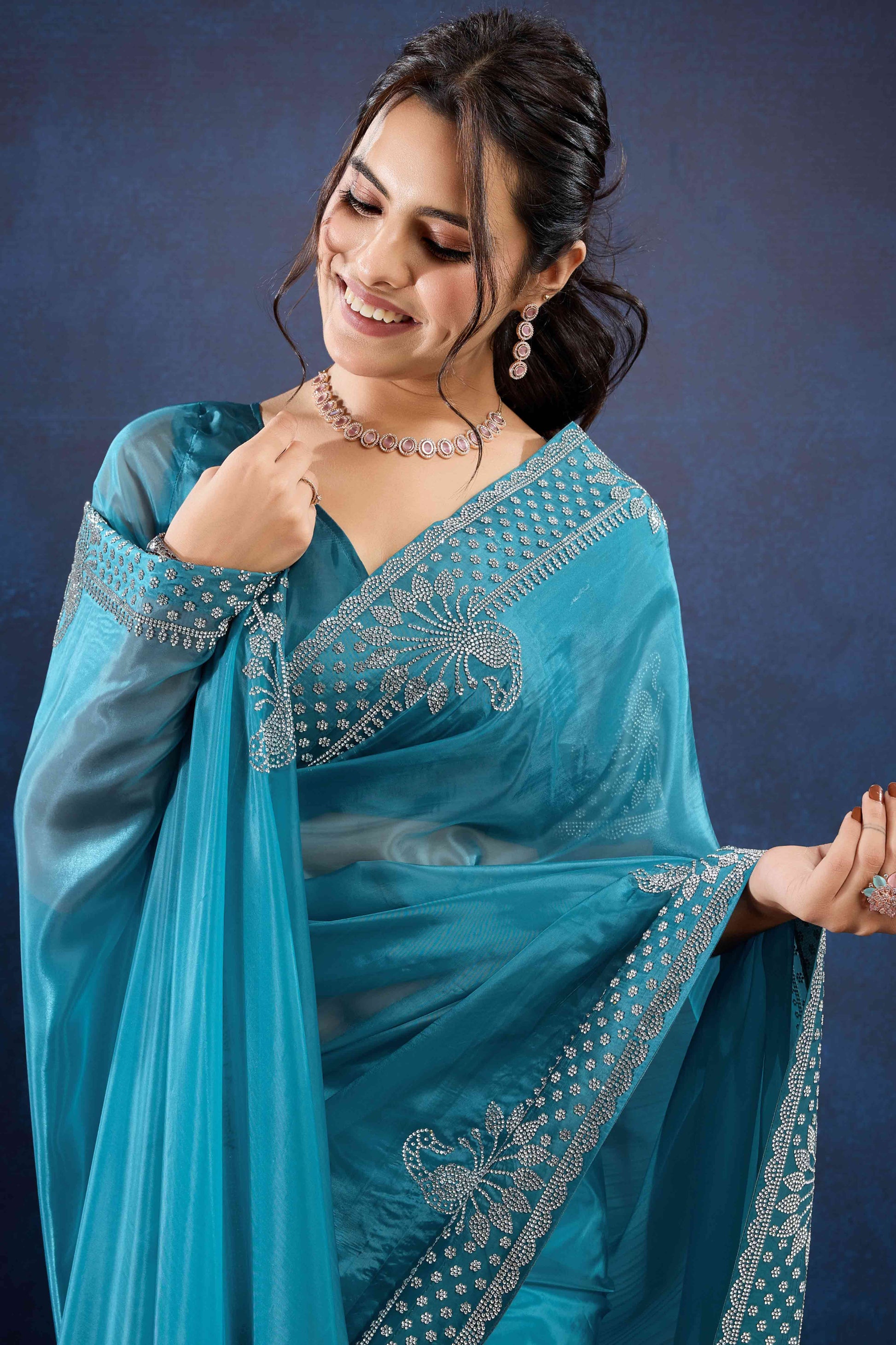 Blue Zarkan Diamond Work Tissue Silk Saree