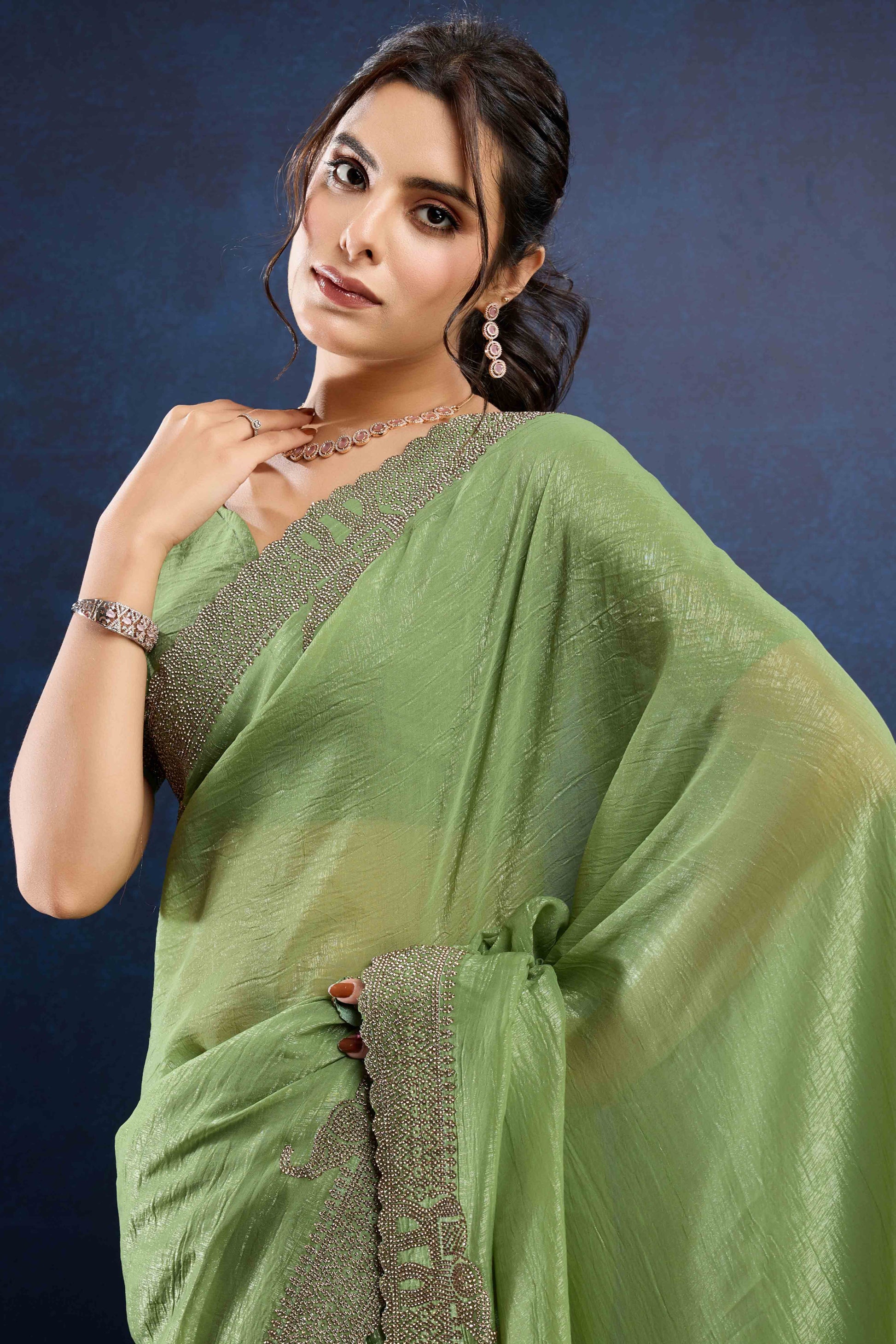 green-zarkan-diamond-work-crunchy-silk-fancy-fabric-saree