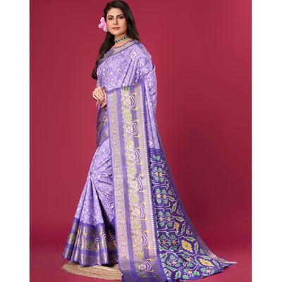 Lavender Digital Patola Printed With Woven Border Dola Silk Saree