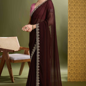 Brown Solid With Zari Embroidered Georgette Saree