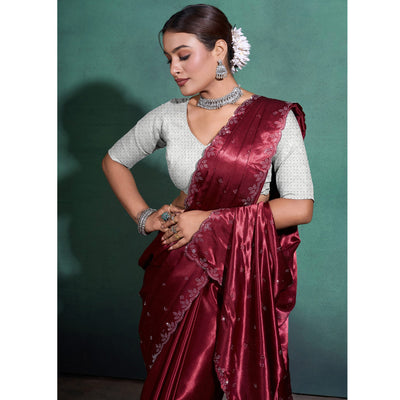 Maroon Swarovski Work Embroidered Satin Saree