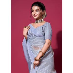 Blue Woven Organza Zari Saree With Tassels