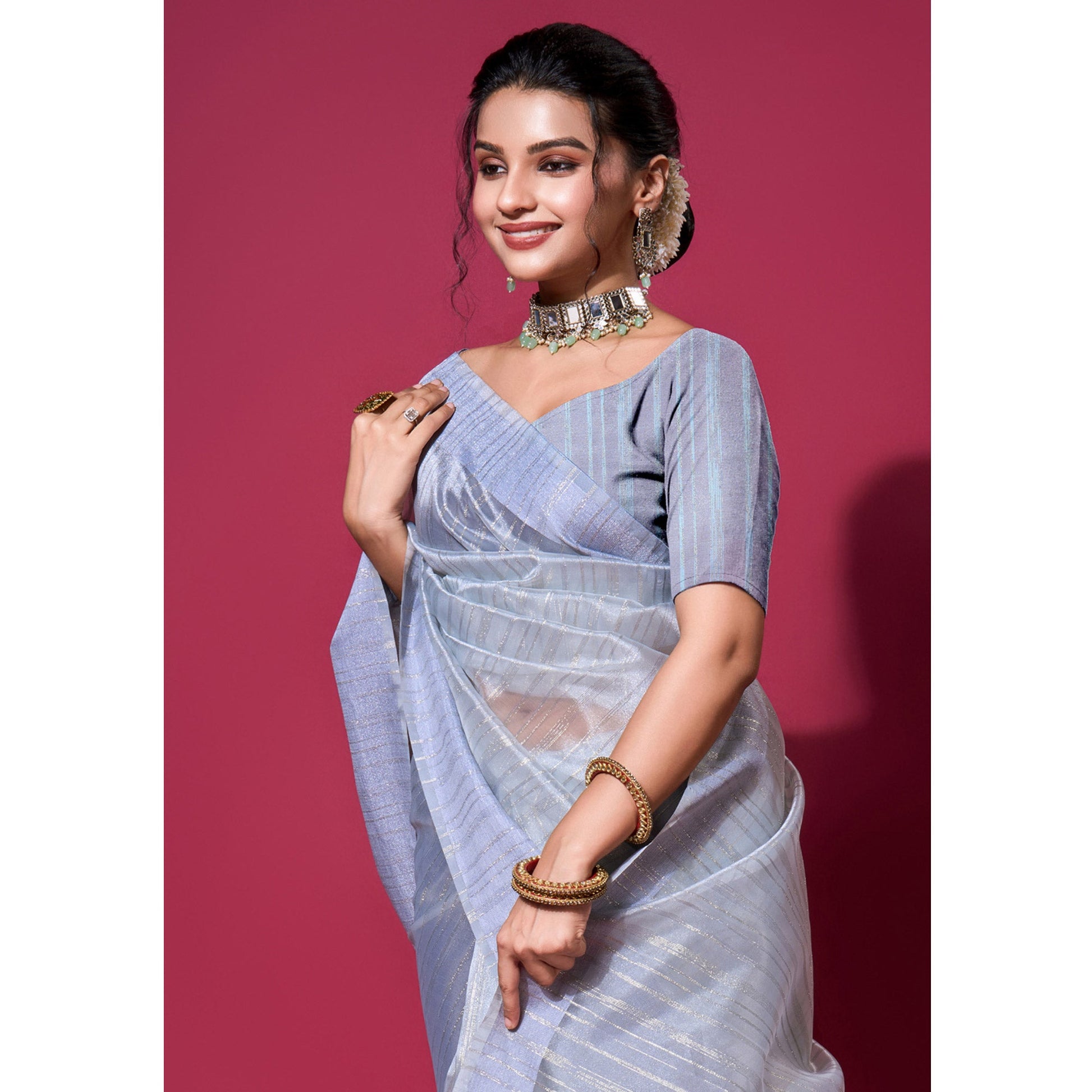 Blue Woven Organza Zari Saree With Tassels