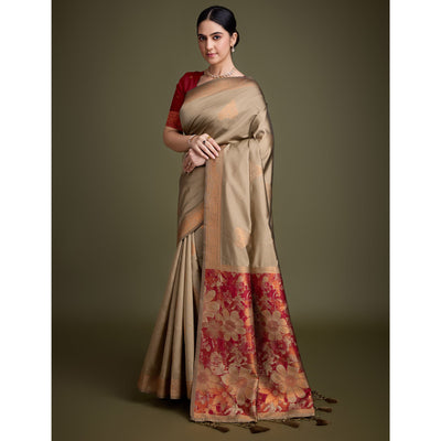 Chikoo Floral Woven Banarasi Silk Saree