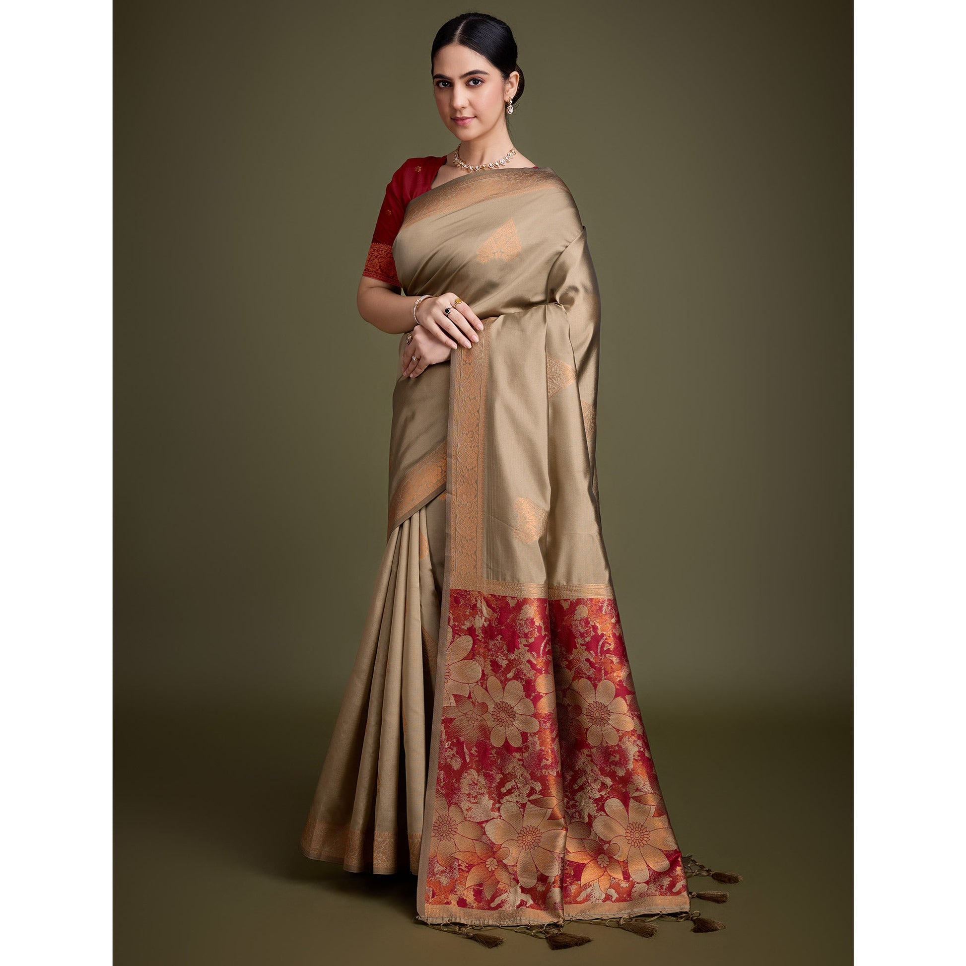 Chikoo Floral Woven Banarasi Silk Saree