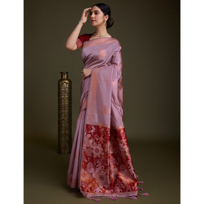 Dusty Pink Floral Woven Banarasi Silk Saree
