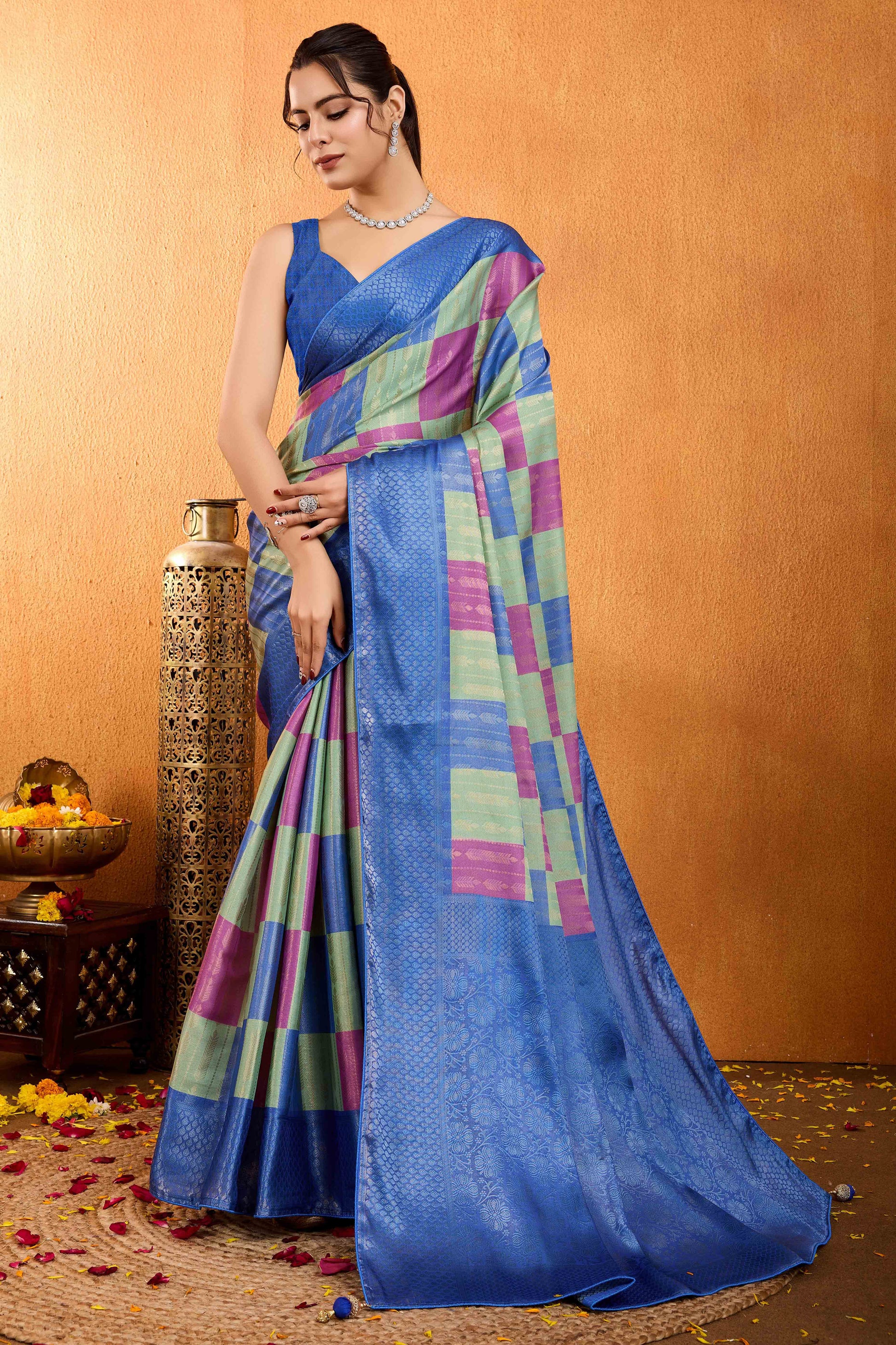 Blue Zari Weaving Mysore Brocade Silk Saree