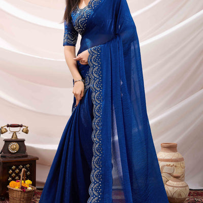 Blue Stone Work Embroidered Velvet Chiffon Saree