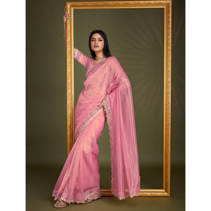 Light Pink Sequins Embroidery With Mirror Handwork Twill Net Saree