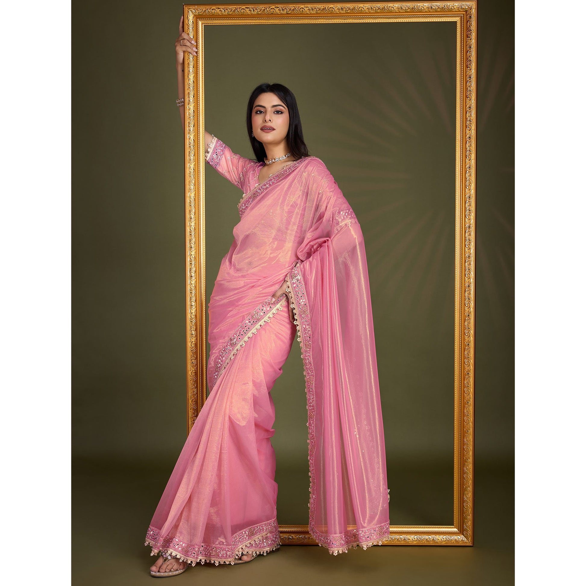 Light Pink Sequins Embroidery With Mirror Handwork Twill Net Saree