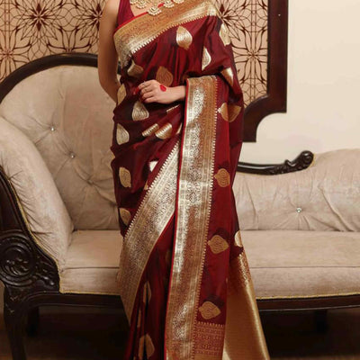 Maroon Floral Woven Lichi Banarasi Silk Saree